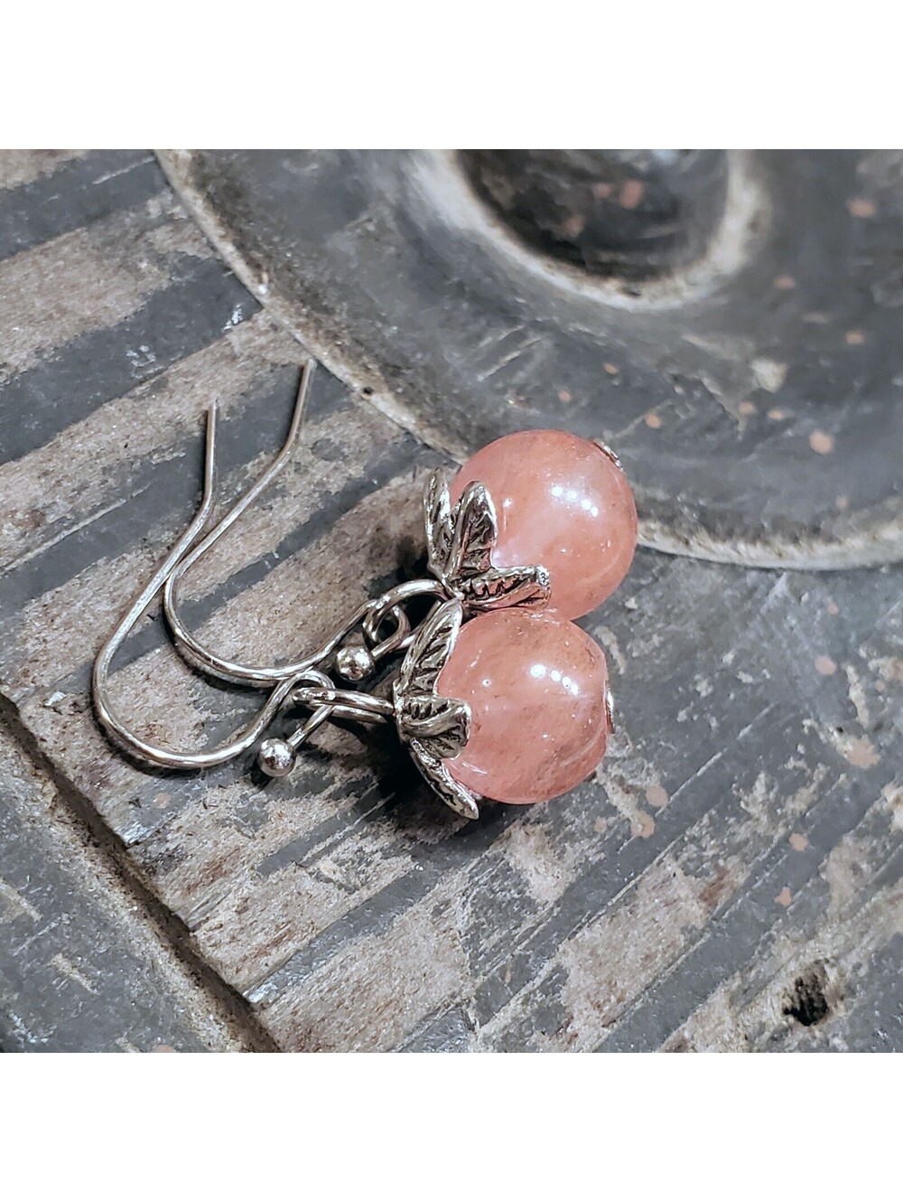 Cherry Quartz Gemstone Dangle Silver Platinum Plated Artsy Leaf Capped Earrings - Picture 6 of 11